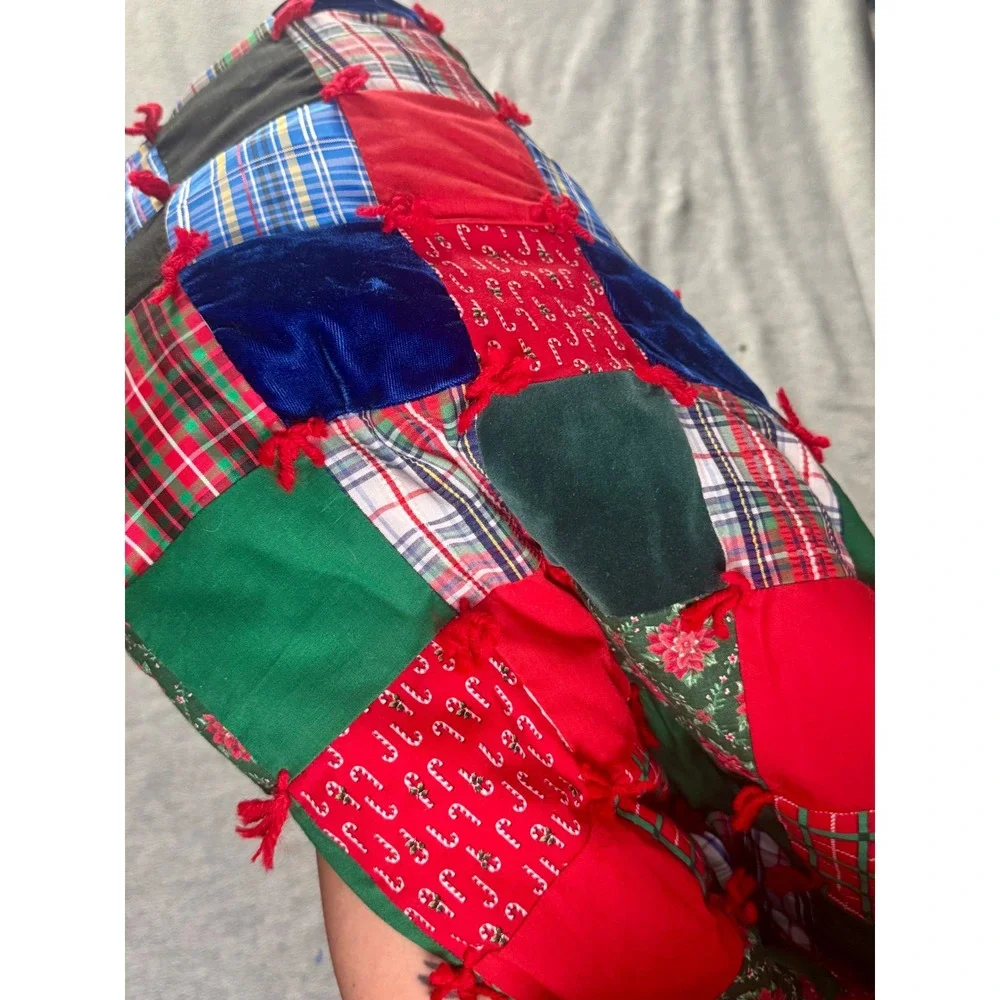 Handmade Christmas Patchwork Quilt Plaid Velvet Candy Cane Holiday Throw 48x48
